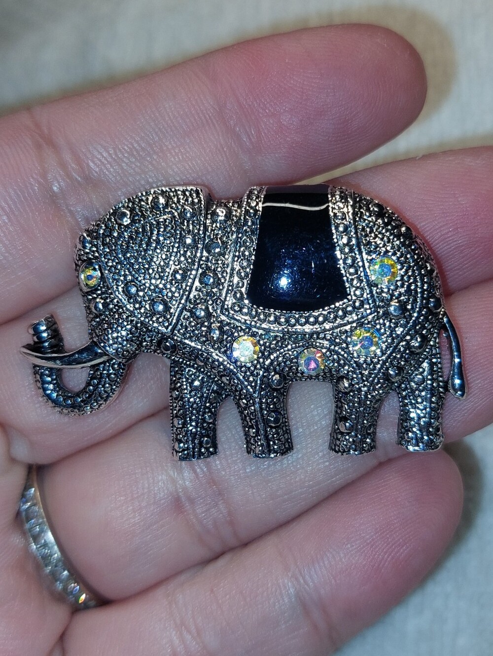 Silver-Tone Elephant Rhinestone Brooch with Black Enamel Accent